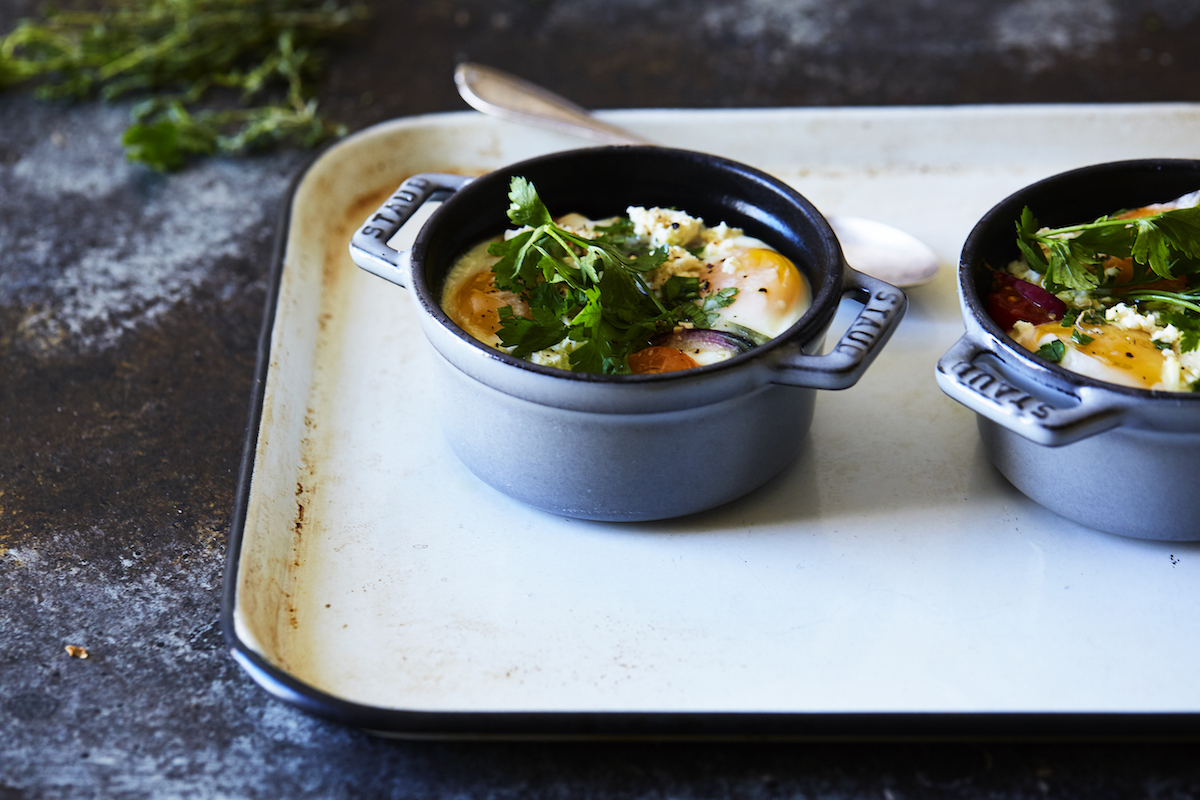 Baked Eggs with Heirloom Tomatoes, Herbs & Feta - gluten free!