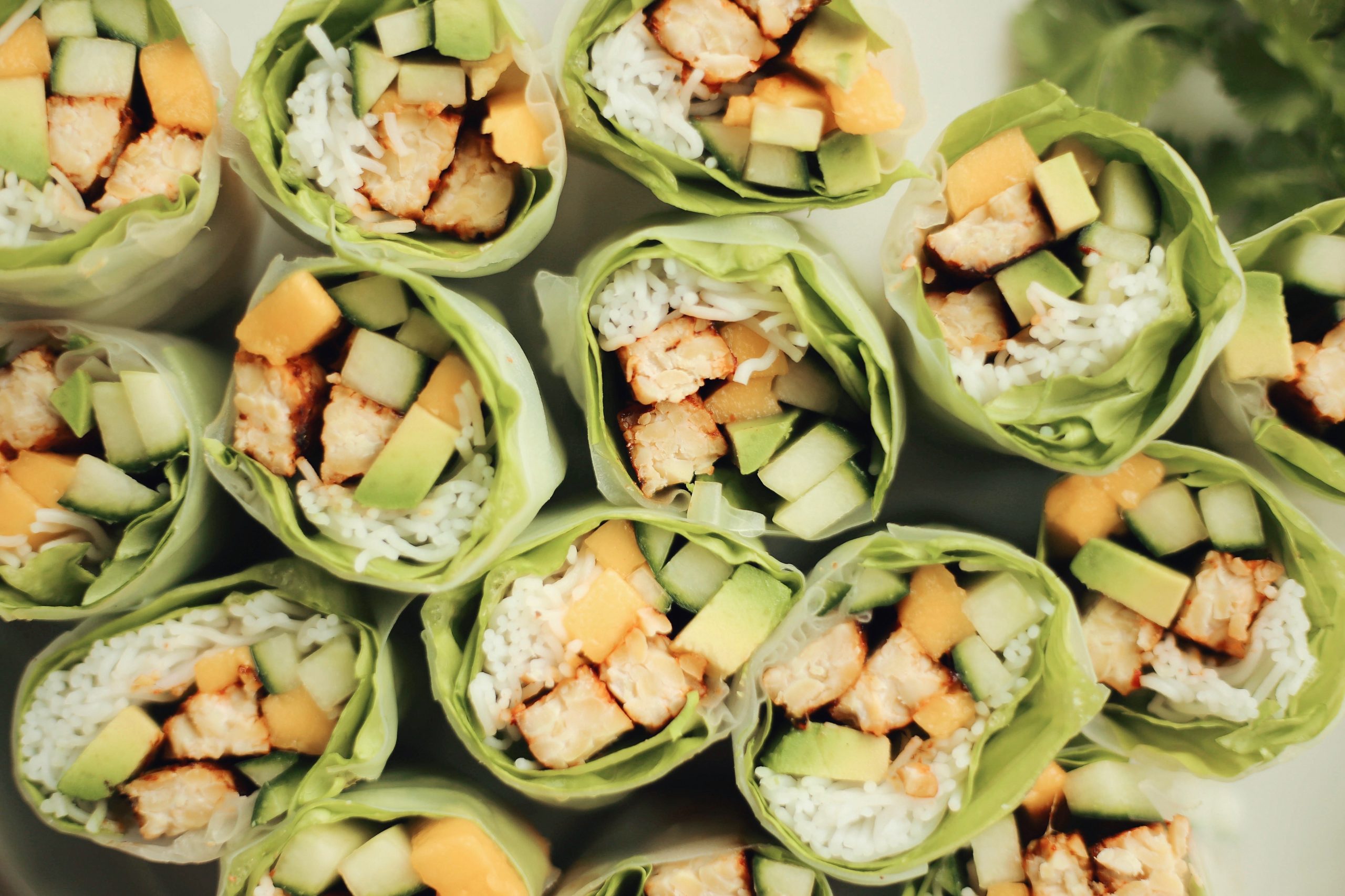 honey sriracha marinated tempeh rice noodle spring rolls with cucumber, mango, and avocado