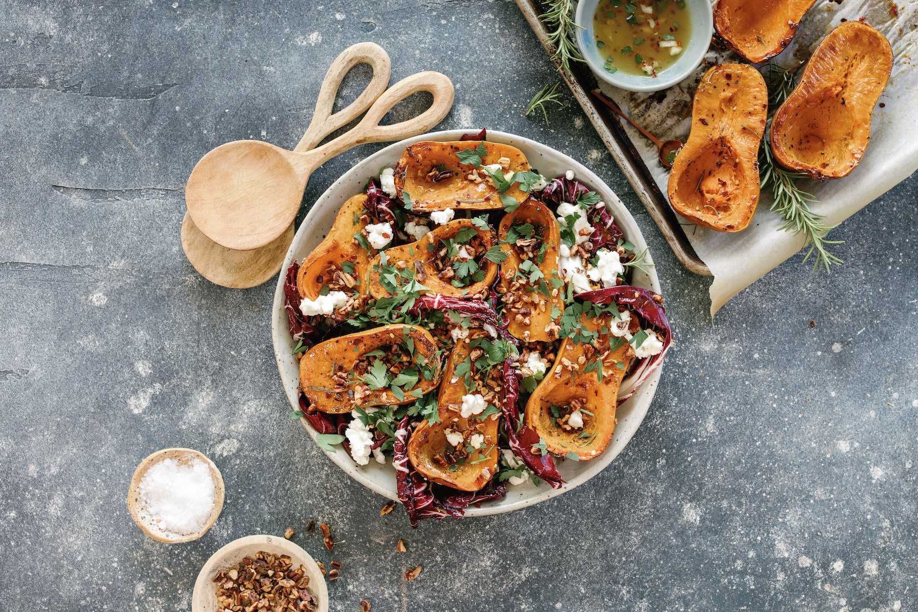 roasted honeynut squash recipe with raddichio, goat cheese and pecans