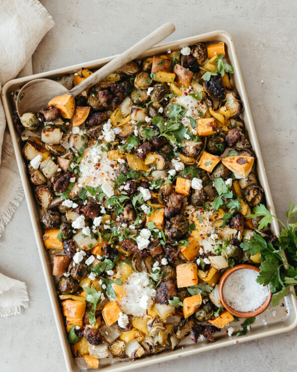 sheet pan harvest hash with sweet potatoes, brussels sprouts, and sausage - ingredients - vegetables - winter produce_fall foods for hormone balance